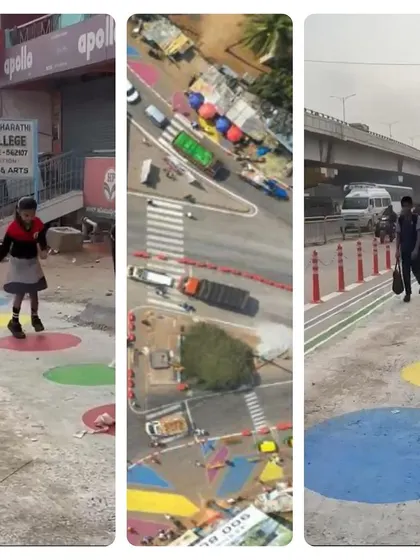 A collage showing the real-world impact of our tactical urbanism project at Attibele, where we created a safe school zone with playful, colorful ground markings.