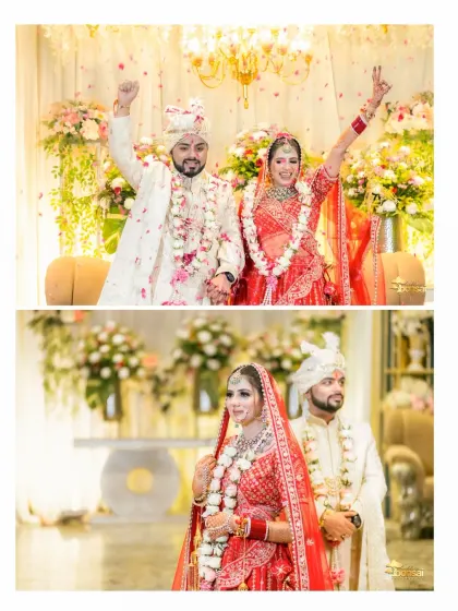 A collage of celebratory and formal moments from the wedding ceremony.