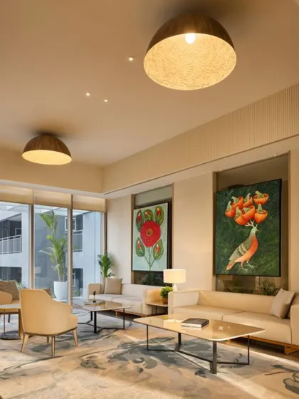 In this lounge at Godrej Woods, I used art as a central narrative element to create a sophisticated yet comfortable atmosphere. The space is designed for quiet conversation and relaxation, with natural light, soft textures, and curated furniture that encourages residents to pause and connect.