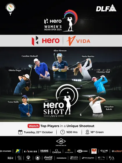 Another promotional graphic for the Hero Shot 2024, inviting spectators to the 18th Green for a thrilling display of skill before the main tournament begins.