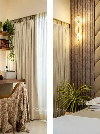 A split image showing two key features of the bedroom: a compact floating work desk perfect for a home office nook, and a close-up of the chevron-patterned upholstered headboard, highlighting its texture and the warm glow of the wall sconce.
