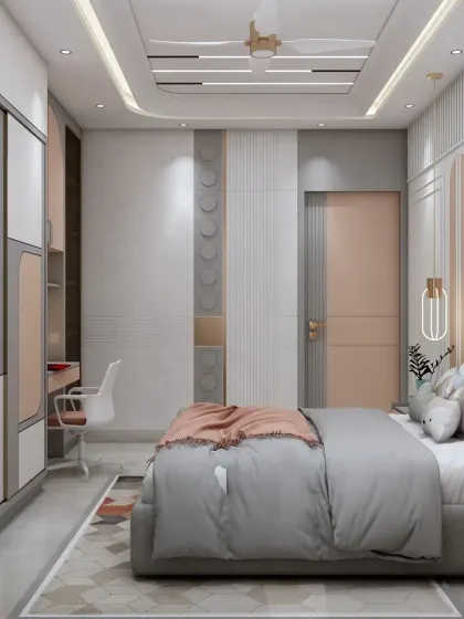 This view shows the full layout of the kids' room, with a focus on the modern wardrobe and the clean, uncluttered design.