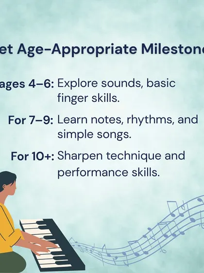 Set age-appropriate milestones. For ages 4-6, focus on exploring sounds. For 7-9, learn simple songs. For 10+, sharpen technique and performance skills.