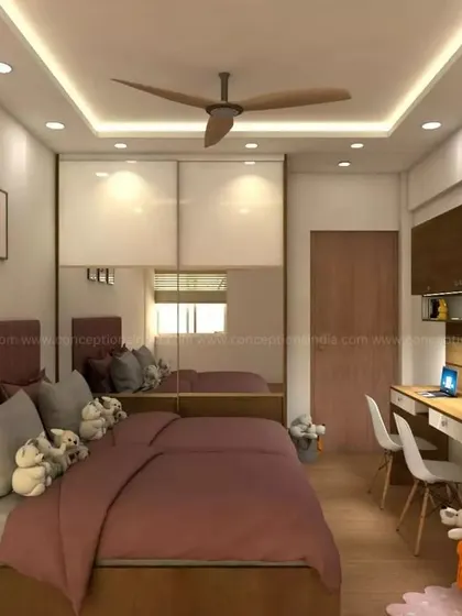 A 3D design for a kids' bedroom at Candeur Carlisle, featuring twin beds, a mirrored wardrobe, and a dedicated study desk.