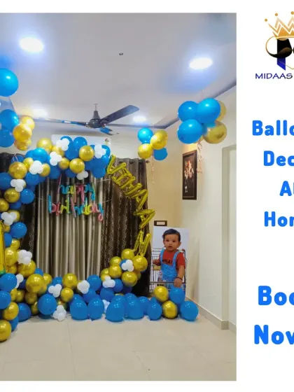 You don't always need a large venue for a beautiful celebration. Here is an example of a first birthday party I decorated at home. Using a circular balloon arch and foil balloons, I created a special corner for cake cutting that felt festive and personal.