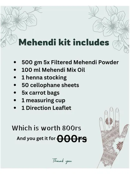 You get all of this in my class. This starter kit includes premium mehendi powder, mix oil, cellophane sheets, and a direction leaflet to guide you.