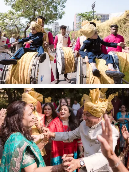 The whole family joins the celebration. This collage shows kids enjoying the dhol and the parents of the couple dancing together in the procession.