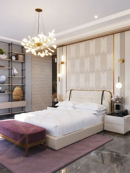 A wider view of the bedroom, showcasing the elegant floral-inspired chandelier and a custom open-shelf unit for display and storage.