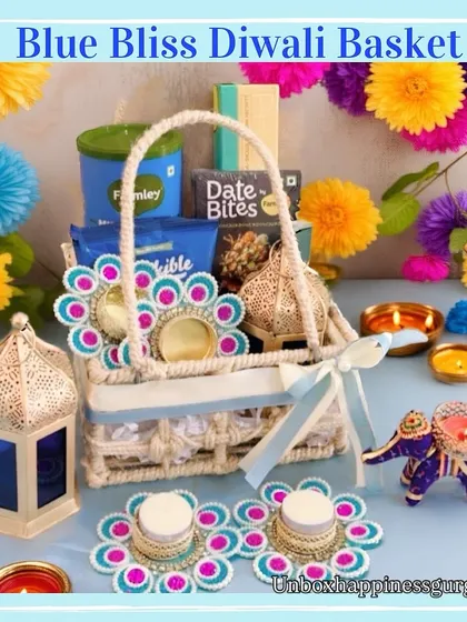 This shot of the 'Blue Bliss' basket is set against a backdrop of colorful flowers, emphasizing its festive and cheerful nature.