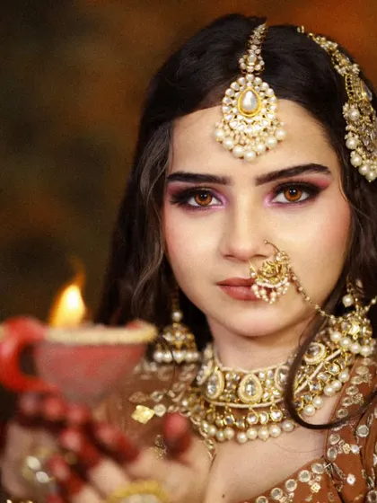 This shot with a lit diya adds a traditional and warm element to the bridal portrait.