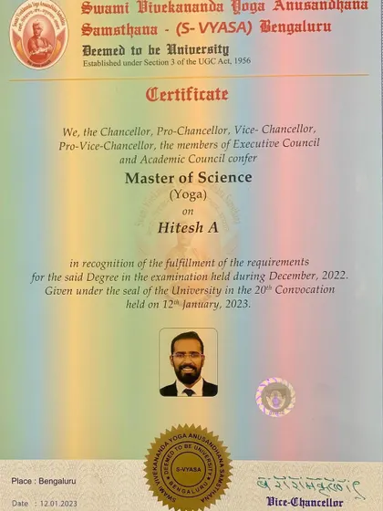 The fruit of dedication. My official Master of Science (Yoga) certificate from S-VYASA University, a testament to my commitment to the deepest study of this ancient science.