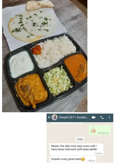 A happy customer's feedback on my South Indian lunch box. It included my signature soft Akki Rotti with Badnekayi Yennegayi, which they loved.