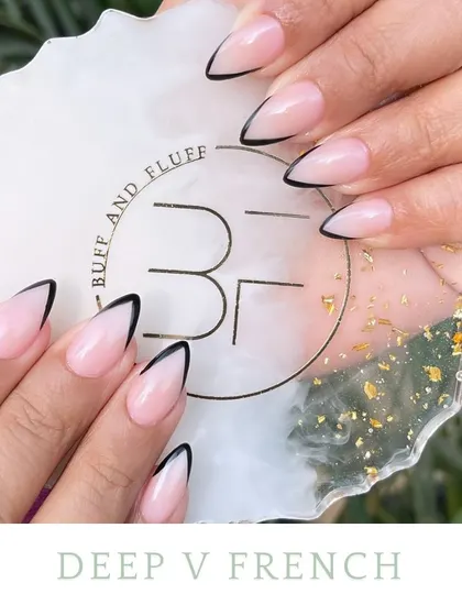 The Deep V-French offers a dramatic take on the classic. Here, I've used a sharp black tip to create a striking contrast against the natural pink base.