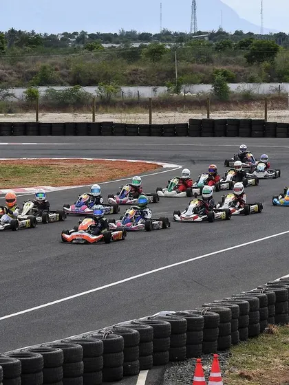 An aerial view of the full starting grid at the CoASTT circuit in Coimbatore. We organize large-scale events with dozens of competitors, ensuring a professionally managed and highly competitive environment for every racer.