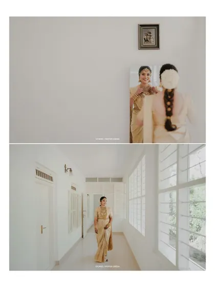 A collage of the bride's portraits, capturing her serene moments and the details of her traditional look.