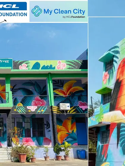 A collage showing different angles of the Noida Sector 46 community center. The project was a collaboration with the Noida Authority and HCL Foundation to beautify the neighborhood.