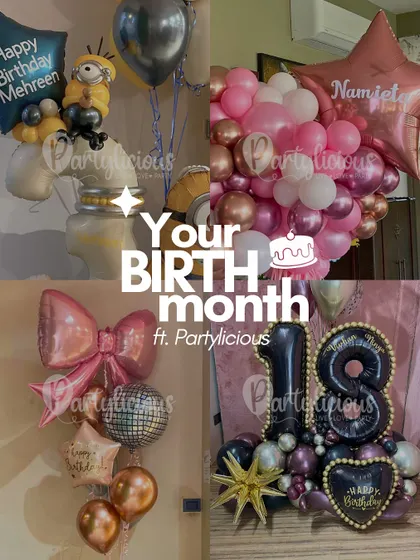 Your birth month, featuring Partylicious. A collage of our diverse birthday balloon bouquets, from playful Minions to chic pink and rose gold arrangements.