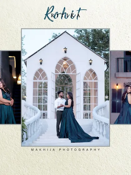 Another look at this beautiful pre-wedding shoot, showcasing the couple in front of a picturesque white building. The composition highlights the bride's flowing gown and their romantic connection.