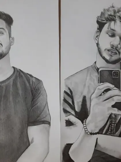 Two separate A4 size pencil sketch orders placed side by side. This shows the consistency in quality and style for my individual portrait commissions.