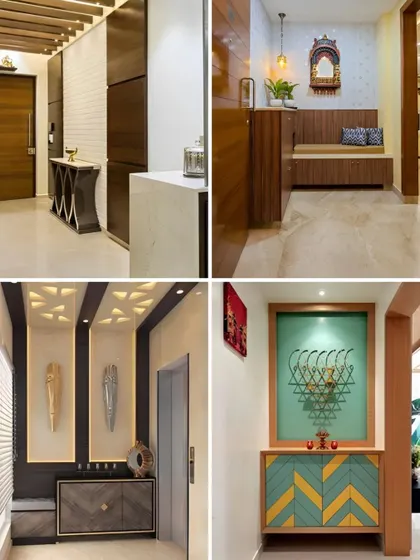 This collage showcases four different designs for foyer and entryway units, demonstrating our ability to create welcoming spaces with integrated storage and decorative elements.