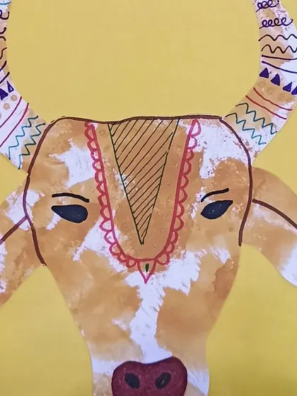 A beautiful painting of a decorated bull, an important part of the harvest festival.