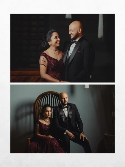 A collage of elegant, posed portraits from a reception. The couple is seen in different regal poses, showcasing their sophisticated style.