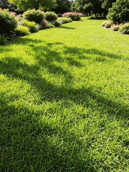 A close-up of a sun-drenched lawn, showing the texture and health of the grass. The shadows from nearby trees create interesting patterns on the ground.