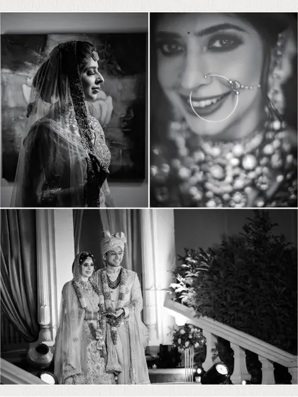 A collage of black and white images, capturing the bride's portraits and a shot with her groom. The monochrome tones add a timeless and classic feel to the wedding memories.