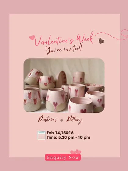Pottery is best shared. This poster for our Valentine's Week event captures the spirit of what we do here: bringing people together to create, laugh, and make memories with their hands.