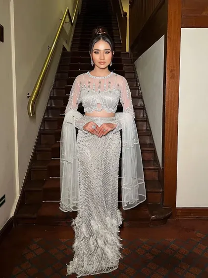 A full-length shot of the Viraaya gown, perfect for a modern, high-fashion bride.