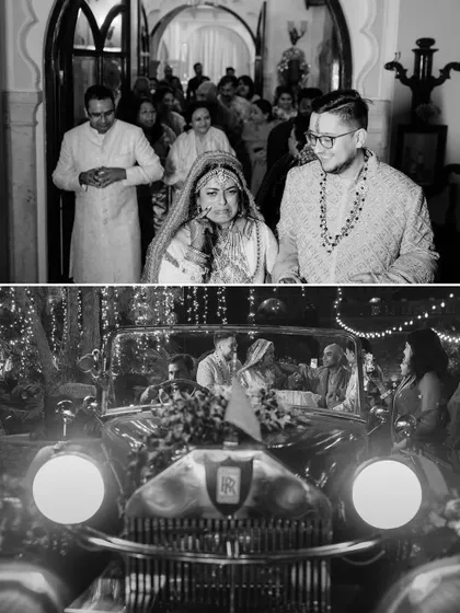 The Vidaai, or farewell ceremony. The couple's emotional departure and their ride in a vintage Rolls-Royce make for a timeless black and white story.