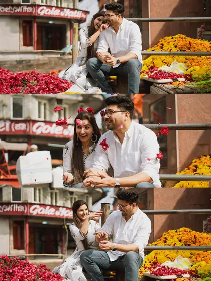 A playful collage from a pre-wedding shoot in the bustling flower markets of Delhi, capturing laughter and candid moments.