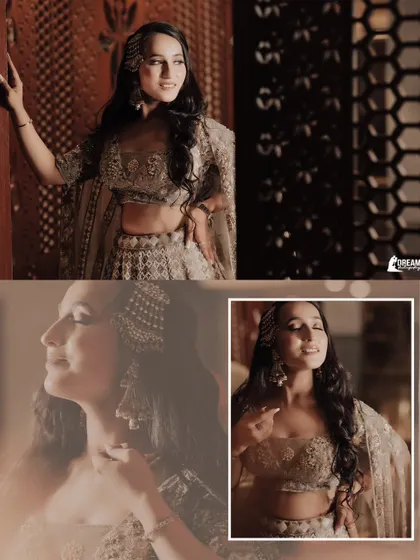 A collage of bride-to-be Manya, her radiant portraits from her engagement shoot beautifully arranged.