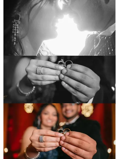 A collage of black and white shots focusing on the rings and the couple's connection. These images tell the story of their commitment in a timeless and artistic way.