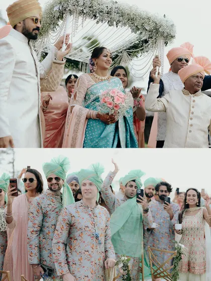 A collage capturing the bride's entrance and the joyful reactions of the guests at Ankita and Anurag's wedding in Goa.