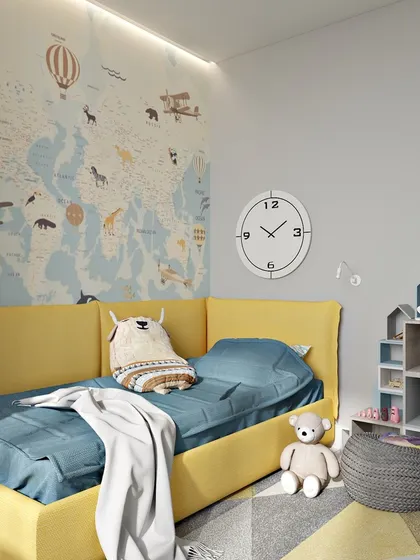 A boy's bedroom with an adventure theme, featuring a world map mural, a bright yellow bed, and clever, house-shaped shelving units.