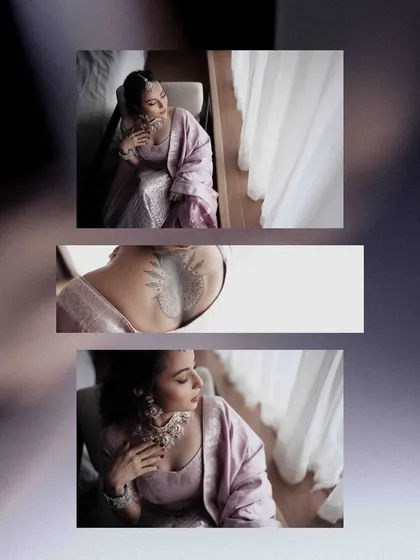 A collage showing the bride's modern style, including a glimpse of her back tattoo, blended with her traditional engagement attire.