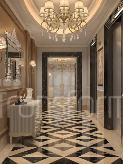 A hallway should be more than a path; it should be an experience. I designed this grand entrance with bold black-and-beige marble flooring and warm wood paneling to create a journey of timeless luxury from the moment you step inside.