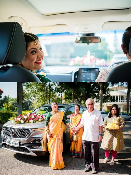 A collage showing the bride's happy wave from the wedding car and her family waiting to welcome her.