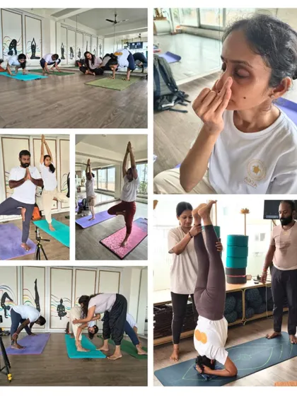 Our TTC is a comprehensive experience. This collage shows various elements of the training, from hands-on adjustments in Sirsasana (Headstand) and pranayama practice to group asana sessions, embodying the holistic nature of our curriculum.