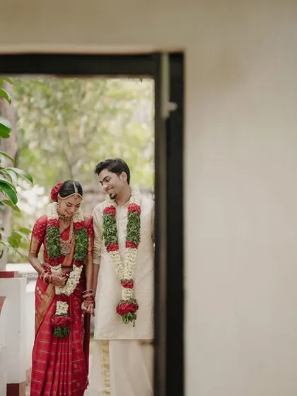 Styling this beautiful bride for her Kerala wedding was a joy. We chose a classic red Kanjivaram saree and paired it with traditional temple jewelry for a timeless and elegant look.