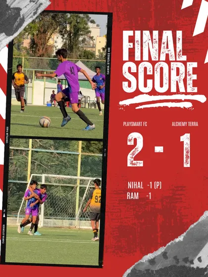Playsmart FC clinches a 2-1 victory against Alchemy Terra in a hard-fought U-15 match. A penalty from Nihal and another goal from Ram secured the win.