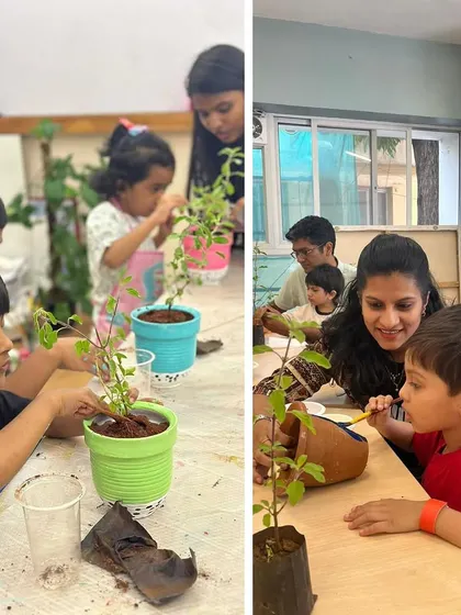 A father and son work together on their plants. This image is a great example of the parent-child bonding that happens naturally during our activities.
