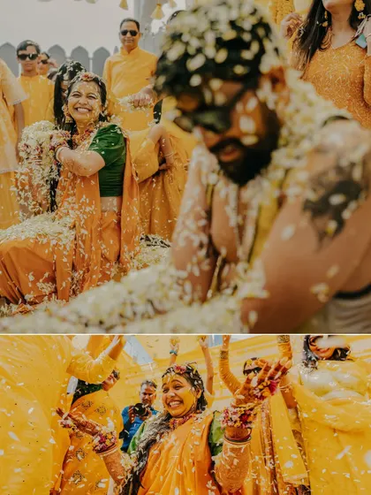 A collage of happy, messy moments from Samarth and Pujashree's Haldi. It showcases the couple enjoying the playful rituals with their loved ones.
