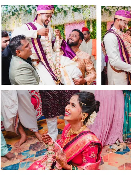 Fun and candid moments from a Maharashtrian wedding, including the tradition where the groom is lifted by his friends.