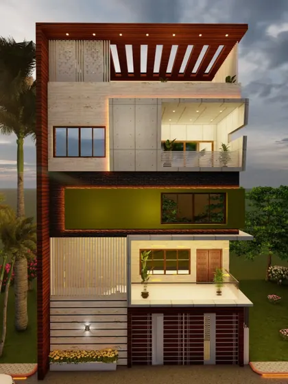 A dusk render of the vertical block design, showing how integrated lighting highlights the different sections of the facade.
