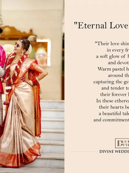 "Eternal Love Unfolding." A branded image with a beautiful poem, capturing the couple in their stunning South Indian wedding attire.