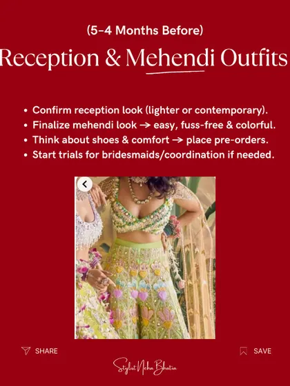 The Bridal Outfit Timeline: 5-4 months before. Focus on your Reception and Mehendi outfits. Confirm a contemporary reception look and a fuss-free, colorful mehendi outfit. This is also a good time to start trials for bridesmaids' coordination.