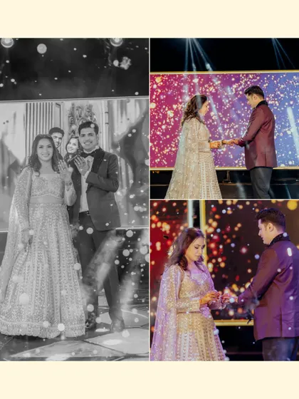 A collage showing the progression of Lokesh and Kritika's ring exchange on stage. From their entrance to the moment the ring is slipped on, we capture the entire narrative of this pivotal promise.