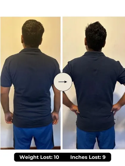 Pranav lost 10 kgs and 9 inches in 6 weeks. He committed to 5 weekly workouts, 12k daily steps, and a strict diet, reducing his body fat by 3.6% and building remarkable strength.